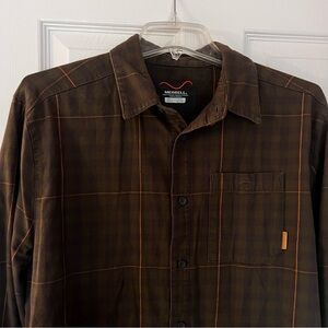 Merrell Flannel Button Up Shirt Green Blue and Gold Plaid Men's Large EUC